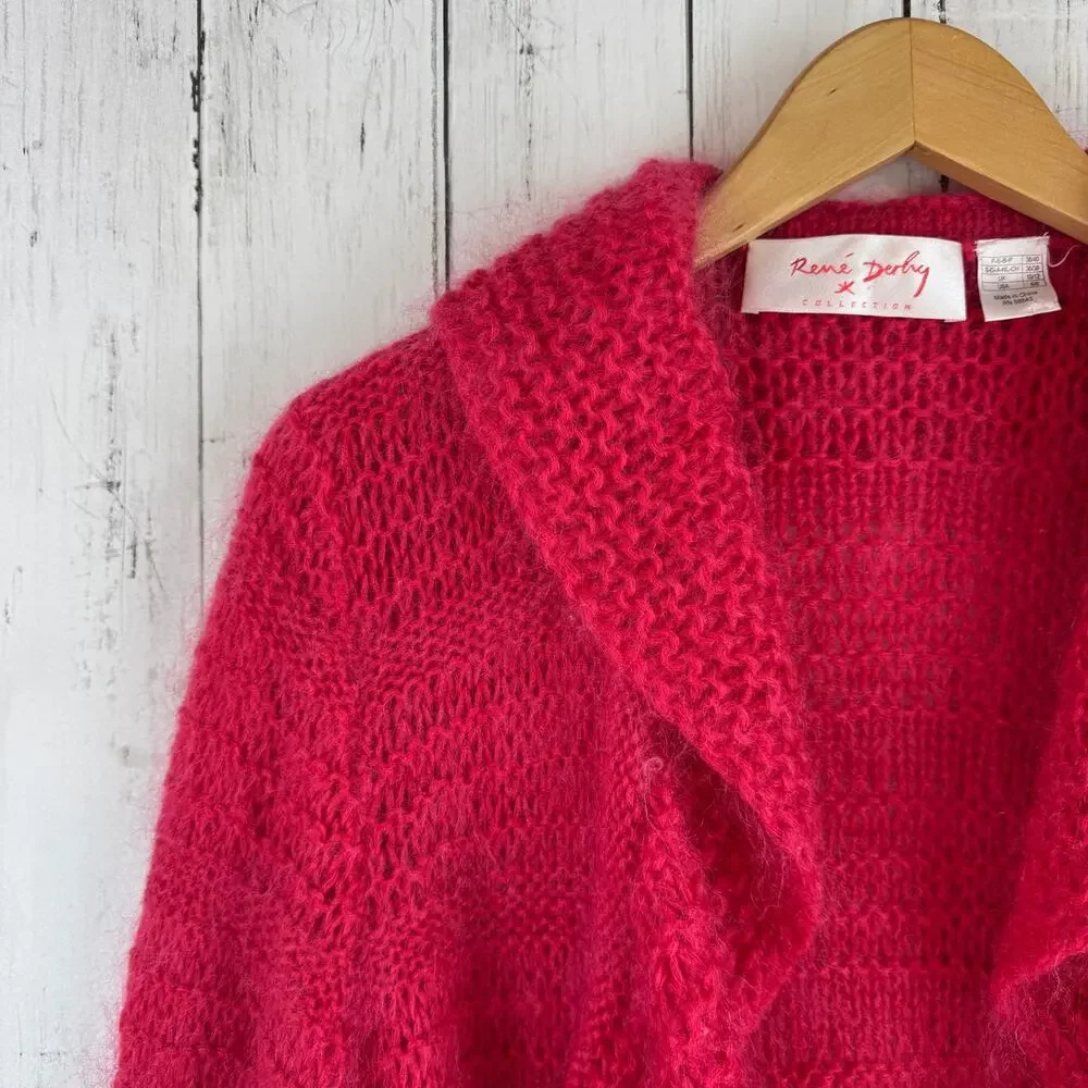 VTG 80's Rene Derhy Pink Mohair Ruffle-Front Cardigan Sweater Size 6/8 Medium